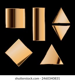 3d gold geometric shapes. Square, rectangle, triangle and rhombus isolated on black background. Decorative elements for design. Vector realistic illustration