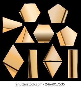 3d gold geometric shapes. Square, rectangle, triangle, polygon, rhombus isolated on black background. Decorative elements for design. Vector realistic illustration