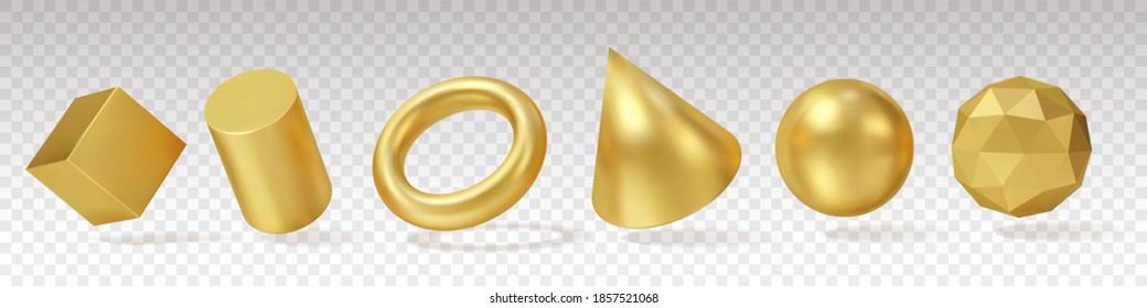 3d Gold Geometry. Realistic render yellow metallic objects, minimalistic simple different angles shapes, standard primitives. Vector set