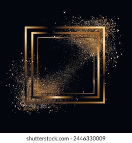3d gold glittery beautiful glowing square frame. Modern shiny square frames pattern with textured golden glitters. Surface glow texture. Trendy decorative background. Luxury ornate frame for design.