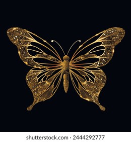 3d gold glittery beautiful luxury ornate glowing butterfly. Modern shiny insect pattern with textured golden glitter. Surface glow texture. Trendy decorative background. Isolated gold butterfly design