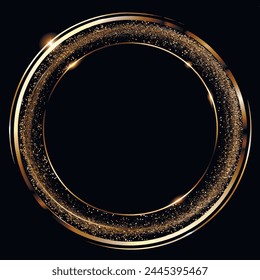 3d gold glittery beautiful luxury ornate glowing circle frame. Modern shiny round frame pattern with textured golden glitters. Surface glow texture. Trendy decorative background. Isolated frame design