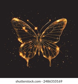 3d gold glittery beautiful luxury ornate glowing butterfly. Modern shiny insect pattern with textured golden glitter. Surface glow texture. Trendy decorative background. Isolated gold butterfly design