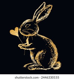 3d Gold glittery doodle lines hand drawn bunny with love heart. Golden grunge rabbit love pattern background illustration with glowing glitter. Shiny beautiful textured easter pattern for cards.