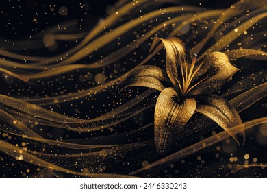 3d gold glittery flowing lines bokeh glowing floral pattern background illustration with surface blossom exotic 3d golden lily flower. Beautiful flow lines and glitters ornate luxury backdrop.