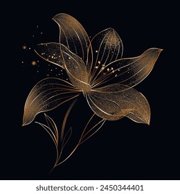 3d Gold glittery glowing blooming exotic line art flower pattern. Black ornate vector background illustration with golden lines flower, leaves. Decorative grunge textured shiny luxury stylish design.