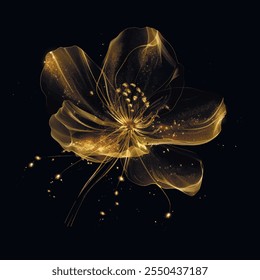 3d Gold glittery glowing blooming exotic line art beautiful flower pattern. Black luxury vector background illustration with golden lines flower, leaves. Grunge textured shiny ornate stylish design.