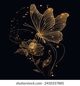 3d Gold glittery lines glowing blooming flower with butterfly. Black vector background illustration with golden line art flower, leaves. Decorative grunge textured shiny luxury botanical pattern.