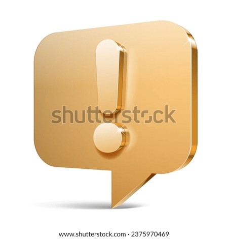 3d gold glossy danger or attention sign. Red icon exclamation point notifications alert warning. 3d icon glass and metal. Vector illustration