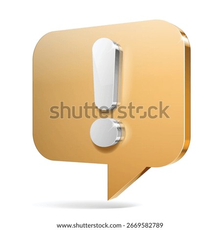 3d gold glossy danger or attention sign. Red icon exclamation point notifications alert warning. 3d icon glass and metal. Vector illustration