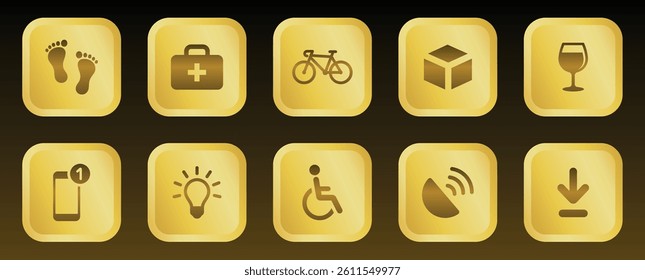 3D Gold Gradient Icon Set Featuring Notification Light Bulb Wine Box Bicycle Footprint Satellite Accessibility and First Aid Symbols for Lifestyle UI Mobile App and Web Interface in Shiny Style