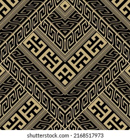 3d gold Greek seamless pattern. Ornamental vector background. Repeat modern tiled rhombus ornament. Tribal ethnic style zigzag design. Abstract ornate backdrop. Greek key, meanders, zipper, stripes.