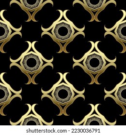 3d gold Greek seamless pattern. Ornamental luxury vector background. Repeat round 3d gold mandalas ornament. Tribal ethnic style beautiful design. Abstract ornate modern backdrop. Greek key, meanders.