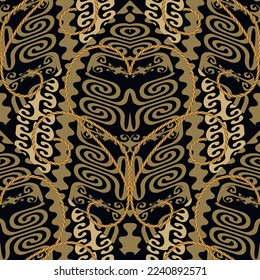 3d gold Greek seamless pattern. Ornamental vector background. Repeat modern intricate ornaments. Tribal ethnic style  design. Luxury backdrop. Greek key, meanders, ropes, love hearts. Endless texture.