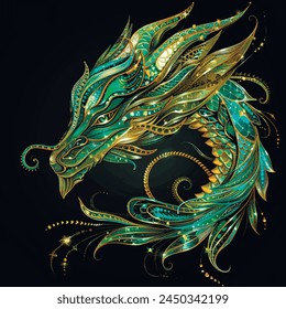 Ilustración de fondo ornamental de la cabeza del dragón chino brillante verde dorado 3d con brillo brillante, brillo. Patrón de dragón texturizado brillante hermoso para el tatuaje, emblema, logotipo, estampados, diseño.