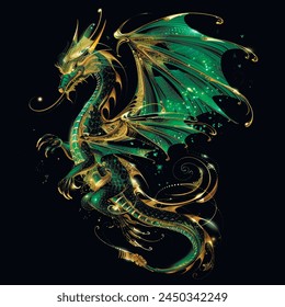 3d Gold green glittery ornamental flying dragon pattern background illustration with glowing blinking, glitter. Shiny beautiful textured dragon pattern for tattoo, emblem, logo, prints, design, decor.