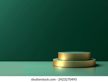 3D gold and green podium mockup. Featuring a minimalist design and luxurious colors, it's perfect for showcasing jewelry, cosmetics, fragrances. Vector illustration