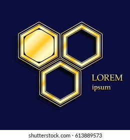 3d gold hexagonal logo on blue background