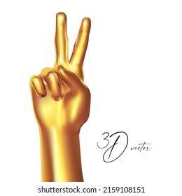 3D gold human hand gesture. V-sign . Realistic metal render
