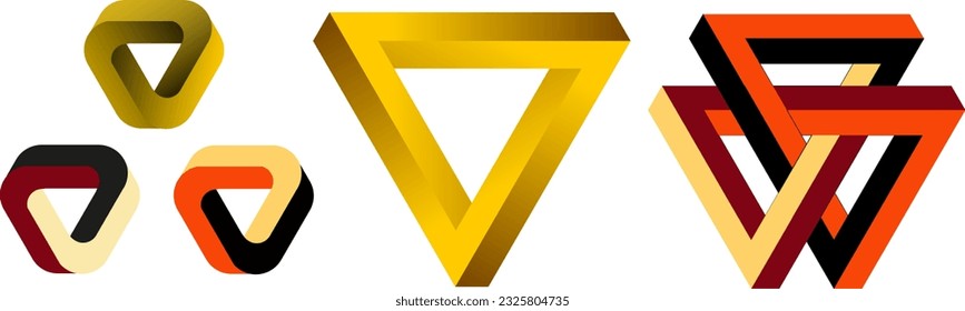 Juego de triángulos infinitos de oro 3d - vector aislado. Colección geométrica de contorno de formas imposibles. Elementos de diseño de logotipo de tringle dorado. 3.d símbolos infinitos.