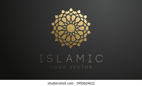 3D Gold Islamic logo. Geometric islamic ornament round mandala. Muslim logo EPS 10