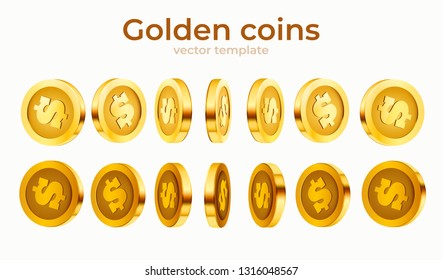 3d gold isolated coins set. Different positions. Flying gold coins, golden rain background. Jackpot or success concept. Vector illustration