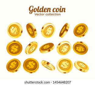 3d gold isolated coins set. Different positions. Flying gold coins, golden rain background. Jackpot or success concept. Vector illustration