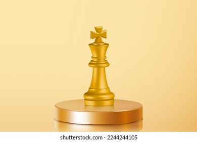 3d gold King chess figure on center of golden podium. bullseye in target. Business investment goal, idea challenge, objective strategy, year focus concept illustration