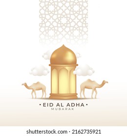 3d gold lantern and camel vector for islamic celebration day or sacrificial animal sale banner