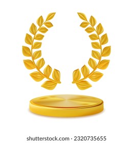 3d Gold Laurel Wreath und Award Round Podium Cartoon Style Symbol des Sieges, der Leistung und des Erfolgs. Vektorgrafik