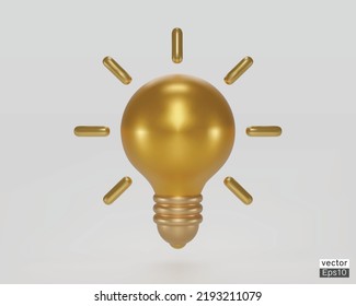 3d gold light bulb icon isolated on white background. Cartoon style minimal golden light bulb for Idea, solution, business, thinking, invention symbol, strategy concept. 3d vector illustration.