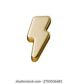 3D gold lightning bolt icon with a glossy metallic finish. A bright golden lightning symbol showing power and energy. Perfect for electric, thunder, lightning, tech and weather designs