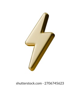 3D gold lightning bolt icon with clean metallic gradient. The thunder symbol shows energy, power and fast electric motion. A bright golden element for modern design and technology concepts
