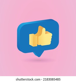 3D Gold Like icon with notifications, isolated on pink background. 3D social media notification, like thumb gold icon design. Vector illustration.