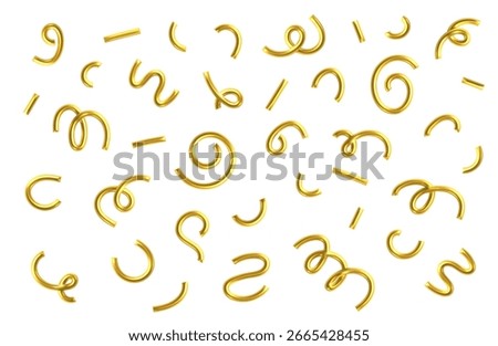 3d gold line confetti pattern. Squiggle, spiral, wavy doodle shape, line golden element isolated. 3d balloon confetti serpentine pattern. Doodle kid party 3d decoration. Vector holiday illustration