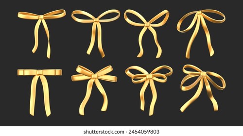 3d gold liquid bow ribbon set in y2k style isolated on a dark background. Render of modern golden aesthetic bow ribbon, vintage girly hair accessory with reflection gradient effect. 3d vector y2k icon