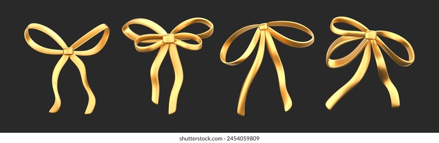 3D Gold Liquid Bow Ribbon Set im Y2K-Stil isoliert auf einem dunklen Hintergrund. Render des modernen goldenen ästhetischen Schleifenbandes, Vintage Girly Haar Accessoire mit Reflexionsgradienteneffekt. 3D-Vektorgrafik Y2K-Symbol