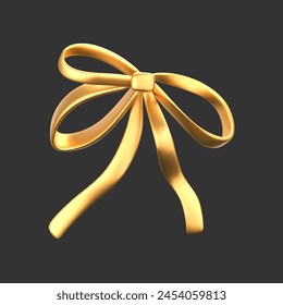 3d gold liquid bow ribbon in y2k style isolated on a dark background. Render of modern golden aesthetic bow ribbon, vintage girly hair accessory with reflection gradient effect. 3d vector y2k icon