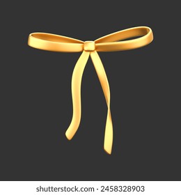 3d gold liquid bow ribbon in y2k style isolated on a dark background. Render of modern golden aesthetic bow ribbon, vintage girly hair accessory with reflection gradient effect. 3d vector y2k icon