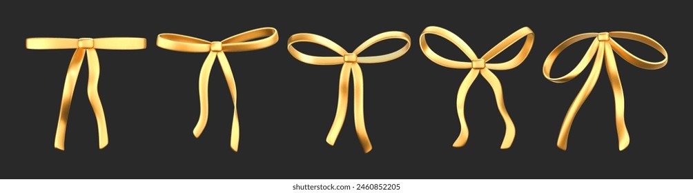 3d gold liquid bow ribbon set in y2k style isolated on a dark background. Render of modern golden aesthetic bow ribbon, vintage girly hair accessory with reflection gradient effect. 3d vector y2k icon