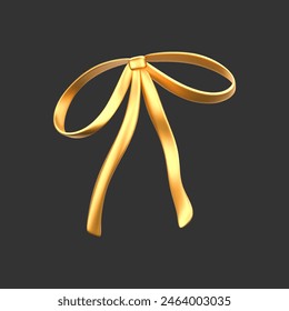 3d gold liquid bow ribbon in y2k style isolated on a dark background. Render of modern golden aesthetic bow ribbon, vintage girly hair accessory with reflection gradient effect. 3d vector y2k icon
