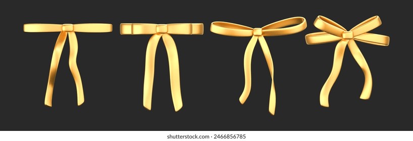 3d gold liquid bow ribbon set in y2k style isolated on a dark background. Render of modern golden aesthetic bow ribbon, vintage girly hair accessory with reflection gradient effect. 3d vector y2k icon