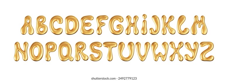 3d gold liquid font in y2k style isolated on a white background. Render of 3d golden inflated alphabet with shine glossy effect. 3d vector y2k typography letter
