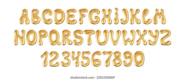 3d gold liquid font in y2k style isolated on a white background. Render of 3d golden inflated alphabet and numbers with shine glossy effect. 3d vector y2k typography letter