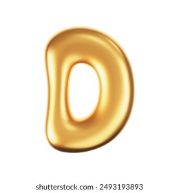 3d gold liquid letter D in y2k style isolated on a white background. Render of 3d golden inflated bubble alphabet with glossy effect. 3d vector y2k typography letter