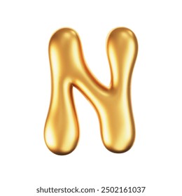 3d gold liquid letter N in y2k style isolated on a white background. Render of 3d golden inflated bubble alphabet with glossy effect. 3d vector y2k typography letter