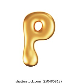 3d gold liquid letter P in y2k style isolated on a white background. Render of 3d golden inflated bubble alphabet with glossy effect. 3d vector y2k typography letter