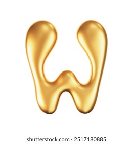 Lettre liquide en or 3d W dans le style y2k isolée sur fond blanc. Rendu d'alphabet de bulle gonflé d'or 3d avec effet brillant. Image vectorielle 3d typographie y2k