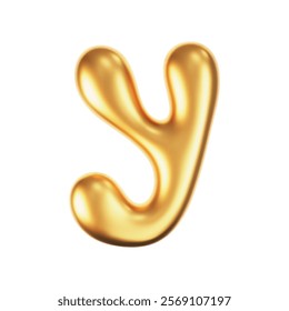 3d gold liquid letter Y in y2k style isolated on a white background. Render of 3d golden inflated bubble alphabet with glossy effect. 3d vector y2k typography letter