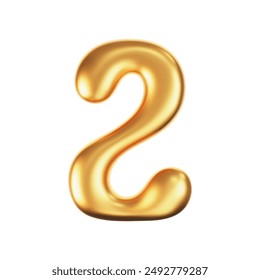 3d gold liquid number 2 in y2k style isolated on a white background. Render of 3d golden inflated figures with glossy effect. 3d vector y2k typography digit
